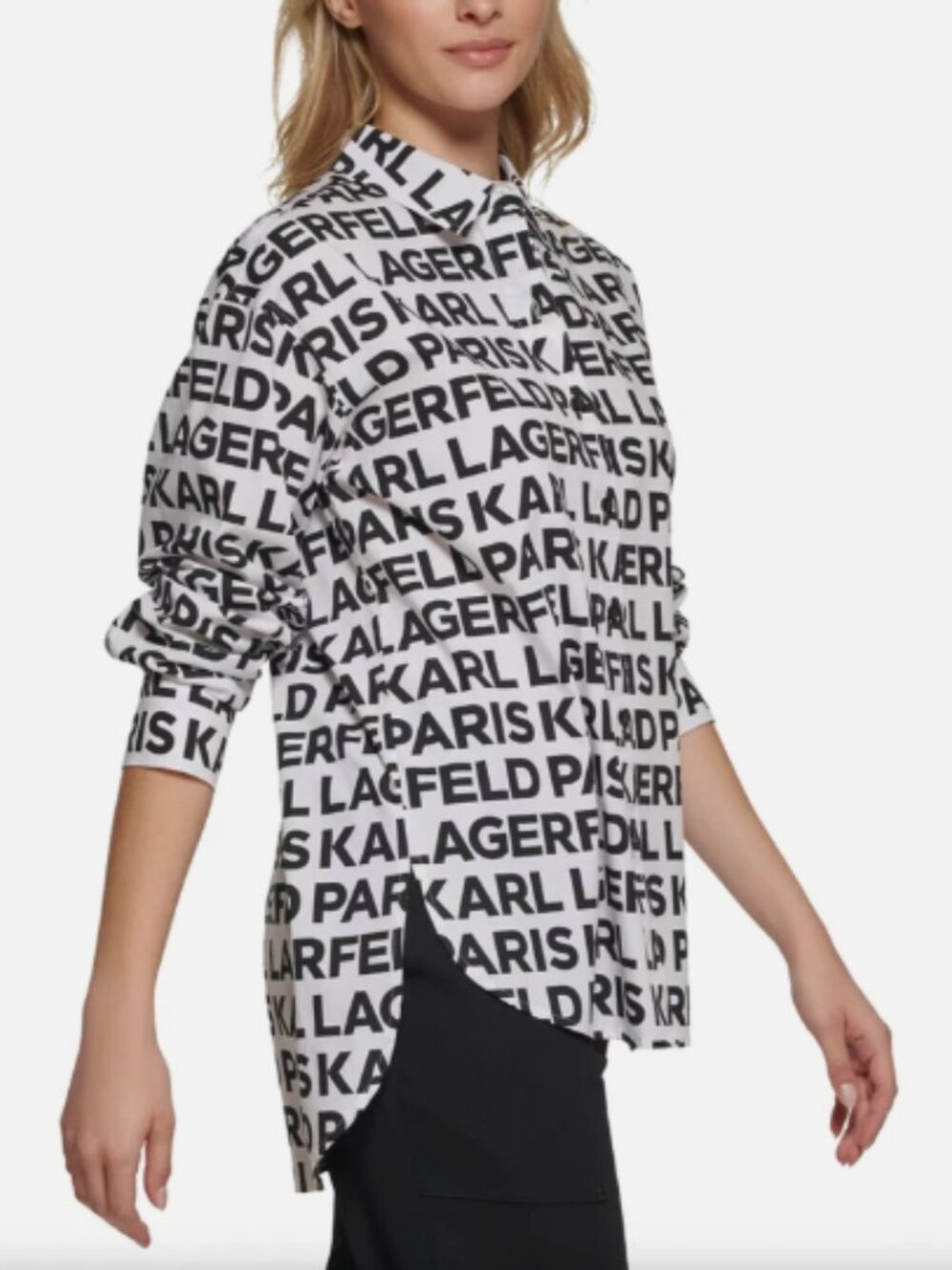 New Karl Lagerfeld Spell Out All Over Logo Poplin Button Up Relaxed Shirt XS